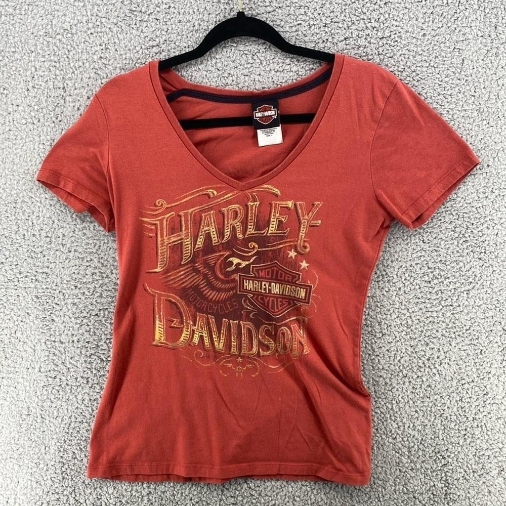 Harley Davidson Womens V-Neck Graphic T-Shirt Rust Red Athens GA Size Large
